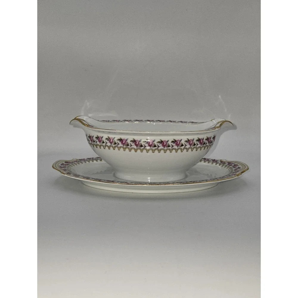 Noritake Floralee 5151 Bone‎ China Gravy Boat with Attached Underplate